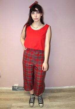 Handmade Red Tartan Straight Wide Leg Waisted Crop trousers