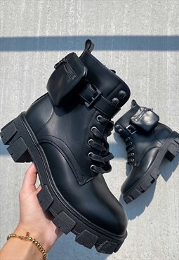Black Chunky Sole Pouch Ankle Boots 