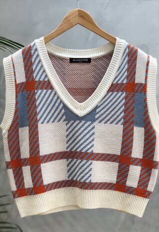 IVORY AND ORANGE BLUE CHECK SLEEVELESS KNIT TANK