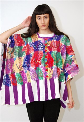VINTAGE PONCHO STRIPE 80S ETHNIC BOHO MEXICAN FESIVAL HIPPY