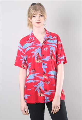VINTAGE 80S RED HAWAIIAN PRINT PATTERNED BLOUSE SHIRT