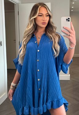 Crinkled button shirt dress (Royal Blue)