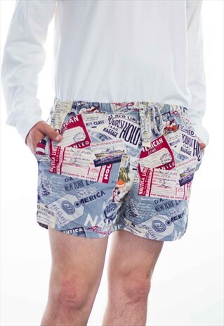 VINTAGE NAUTICA SWIM TRUNKS LOGO PRINT 90S M 5.5