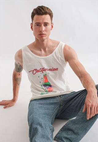 VINTAGE 90S GRAPHIC PRINTED CALIFORNIAN TANK TOP IN CREAM M