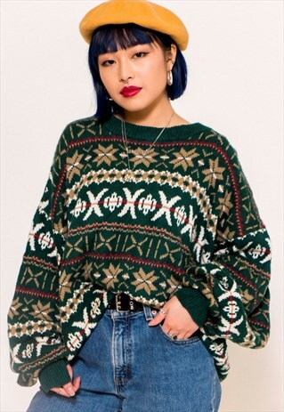 VINTAGE 80'S GREEN NORDIC KNIT JUMPER
