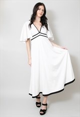 70's Vintage Adler White Black Caped Sleeve Midi Dress