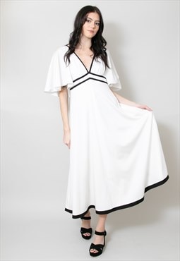 70's Ladies Vintage White Black Caped Sleeve Midi Dress