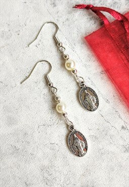 Handmade Traditional Virgin Mary Faux Pearl Earrings