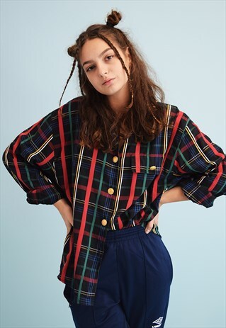 80'S RETRO GRUNGE CHECKED PRINT OVERSIZED SHIRT TOP