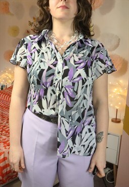 Vintage Y2K Purple Floral Flowery Flowers Shirt Blouse Top