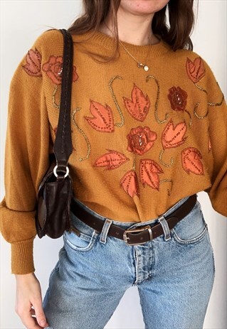VINTAGE 80S FLORAL BEADED APPLIQUE LUXE JUMPER MUSTARD