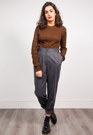 90'S VINTAGE GREY HIGH WAIST TAPERED WOOL TROUSERS
