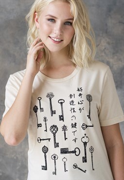 Japanese T Shirt Calligraphy Quote Keys Print Tee Women