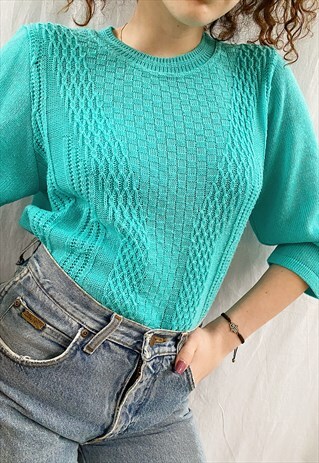 VINTAGE 80S TURQUOISE KNIT MINIMALIST JUMPER SWEATER
