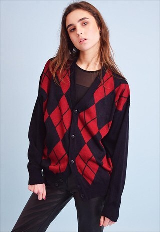 90'S RETRO ARGYLE PATTERN KNITTED OVERSIZED DADS CARDIGAN