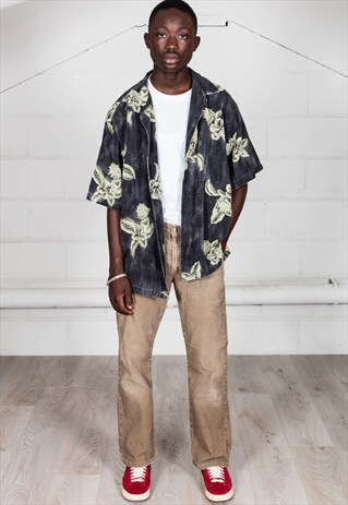 VINTAGE BLACK GREEN FLOWER SHORT SLEEVE SHIRT
