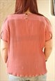 CORAL PINK PLEATED SHORT SLEEVE VINTAGE TOP BLOUSE