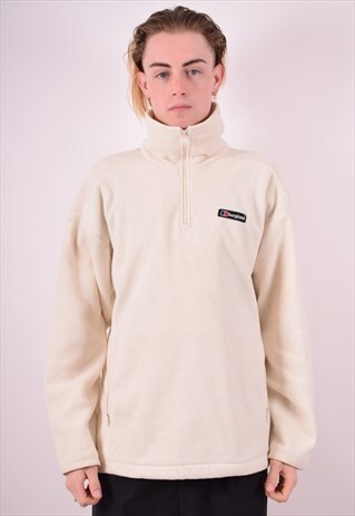BERGHAUS MENS VINTAGE FLEECE JUMPER LARGE OFF WHITE 90S