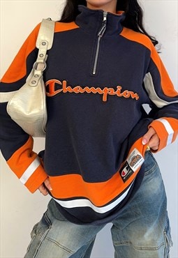 90s Champion Navy & Orange Spell Out Quarter Zip Sweatshirt