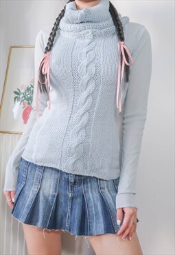 Vintage Y2K Balletcore Blue Knit Turtleneck Mesh Top 