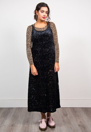 VINTAGE 90'S BLACK FLORAL VELVET PATTERN STRAPPY MIDI DRESS