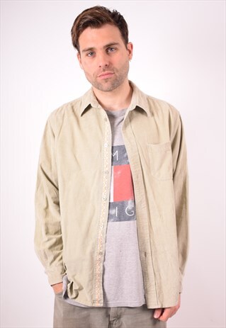 MENS VINTAGE CORDUROY SHIRT LARGE KHAKI 90S