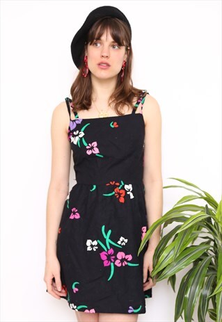 VINTAGE 80S DARK FLORAL PRINT MINI DRESS