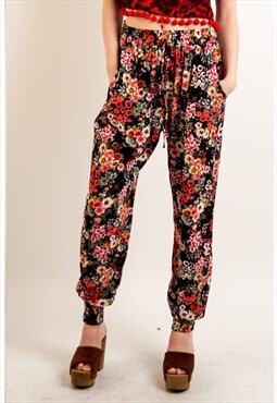 Floral Print Loose Fit Cotton Trousers in black