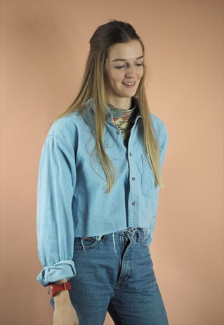 VINTAGE DENIM FRAYED CROP SHIRT