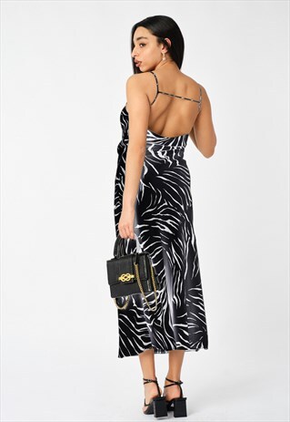 Black Tiger Print Scoop Back Strap Detail Dress