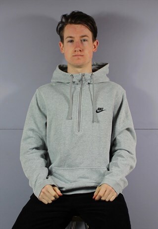 VINTAGE NIKE 1/4 ZIP HOODIE IN GREY WITH POUCH POCKET AND EM