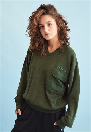 80'S RETRO KHAKI OVERSIZED KNIT WOOLLEN MILITARY JUMPER