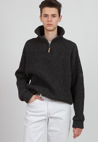 VINTAGE GREY OVERSIZED 1/4 ZIP KNIT JUMPER SWEATER