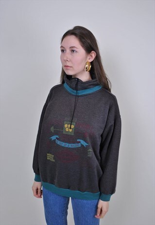 VINTAGE HIGH NECK SWEATSHIRT, 80S RETRO WEGHT LIFTING TOP
