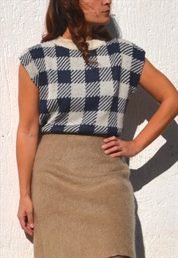 Ivory/blue checks/stripes crew neck sleeveless sweater