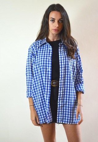 1990S VINTAGE BLUE & WHITE CHECKED LONG SLEEVE SHIRT