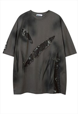 Ripped stain t-shirt Y2K wound patch Gothic tee in grey