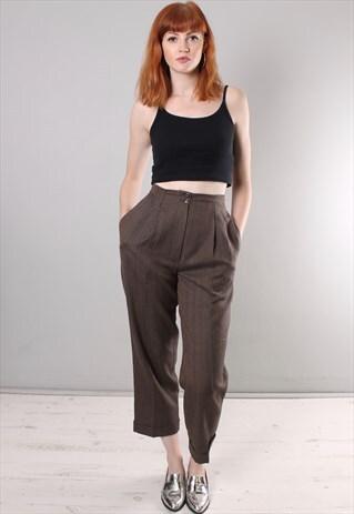 VINTAGE 80S HERRINGBONE PLEAT FRONT TAILORED TROUSERS
