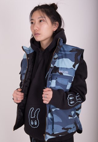 BLUE CAMO GRAPHIC PRINT PADDED BODYWARMER