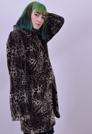 VINTAGE 90'S GREY LEOPARD PRINT SOFT FAUX FUR COAT 8 10 12