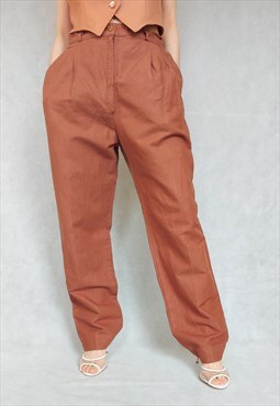 Vintage Brown Linen Pants, Medium Size, High Waist Linen Sla