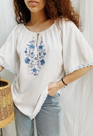 VINTAGE 70S BOHEME ETHNIC MILKMAID FLORAL BLOUSE TUNIC TOP