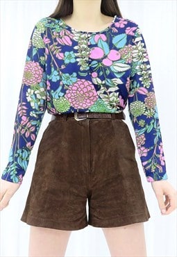 70s Vintage Multicoloured Floral Blouse Top (Size M)