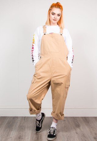 VINTAGE 90'S BEIGE LONG LENGTH DENIM DUNGAREES