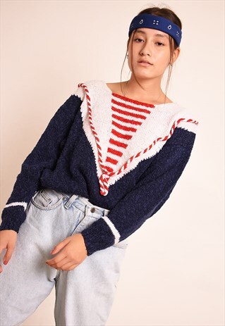 VINTAGE 80'S RETRO NAUTICAL KNIT JUMPER IN NAVY BLUE