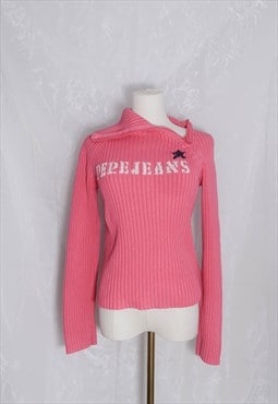 vintage Ribbed Knit Turtleneck Sweater Pink