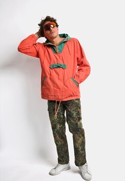 Retro hooded windbreaker for men in orange vintage 80s
