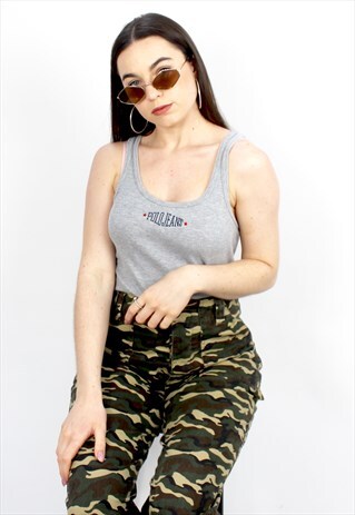 90'S RARE RETRO GREY EMBROIDERED VEST TOP