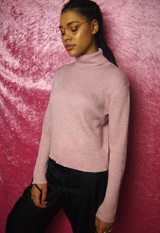 BABY PINK SHINY RIBBED ROLL NECK JUMPER