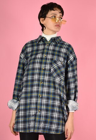 VINTAGE 90S CHECK FLANELL SHIRT BLUE YELLOW